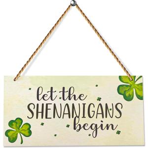 4E's Novelty "Let The Shenanigans Begin" Funny Hanging St. Patricks Day Shamrock Wood Decor Sign, Green Wooden Door Hanger for Front Doors, Festive and Classy Saint Patricks Day Door Decoration, Lucky Shamrock Sign Home Decor