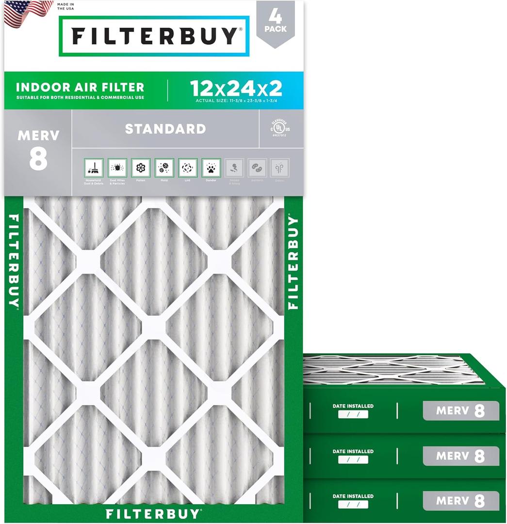 Filterbuy 12x24x2 Air Filter MERV 8 Dust Defense (4-Pack), Pleated HVAC AC Furnace Air Filters Replacement (Actual Size: 11.38 x 23.38 x 1.75 Inches)