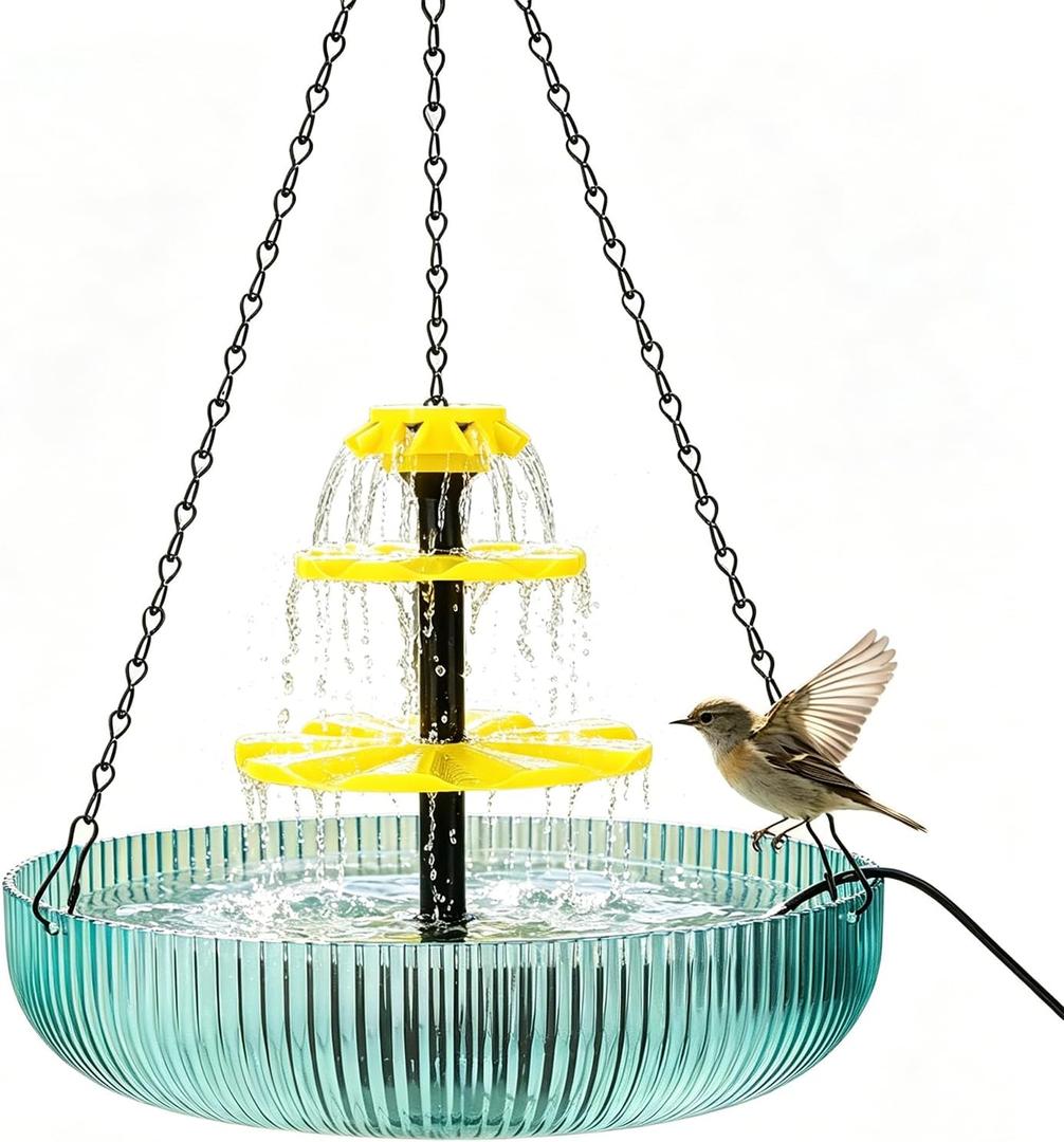 3-Tier Solar Powered Hanging Bird Bath Fountain Cascading Water Feeder for Hummingbirds Wild Birds[16.4FT/Extra Long Cord] for Outdoor,Garden, Patio, Backyard Decor