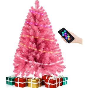 Pink 3ft Christmas Tree with Lights, Small 36inch Artificial Tree Mini Table Top Decorations, Xmas Desk Tree with 80 Colored Lights, 200 Branch, Holiday Decor for Home,Indoor Office Tabletop