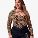 WDIRARA Women's Plus Size Leopard Print Cut Out Long Sleeve Slim Fit Shirt Sexy Tee Top, 4 XL