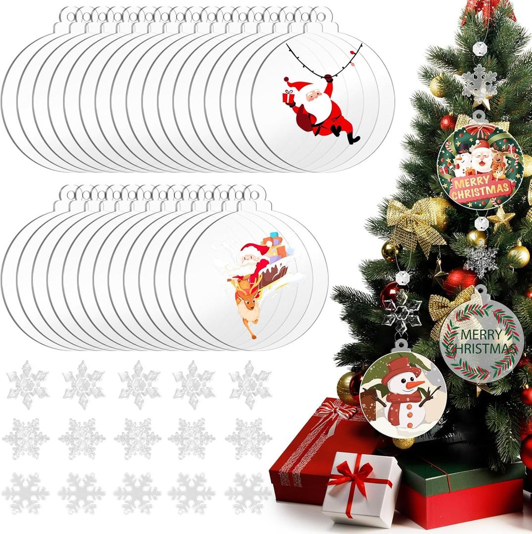 30 Set Christmas Acrylic Ornament Blanks - 3 Inch Round Acrylic Blanks with Crystal Snowflakes Xmas Ornaments for Christmas Tree Decoration