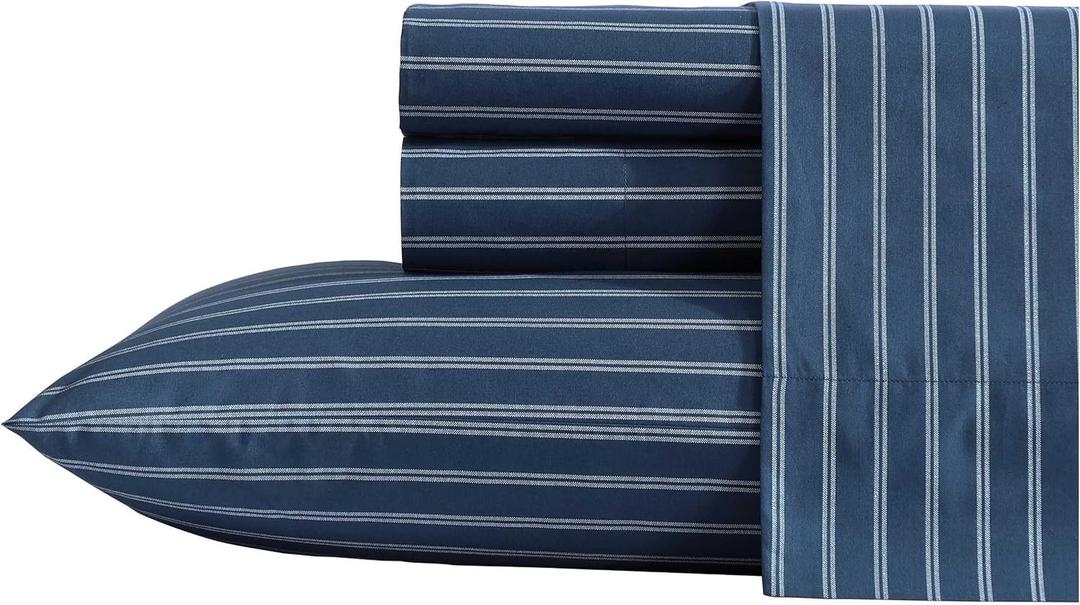 Nautica - King Sheets, Premium Cotton Percale Bedding Set, Striped Bedding Set, Oeko-Tex Certified (Richmond Stripe Blue, King)