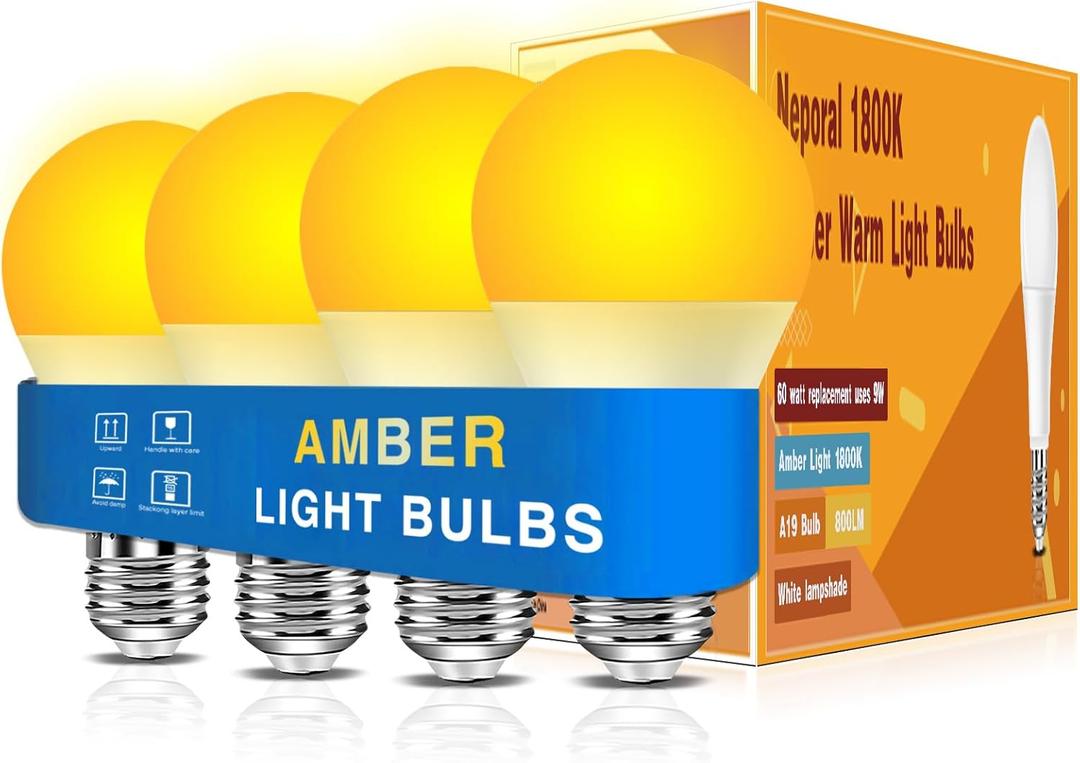 Neporal Amber Sleep Light Bulbs 1800K 4PK, 9W 60 Watt Equivalent, 99.96% Blue Blocking Soft Warm Light Bulbs A19, Amber Night Light E26 for Bedroom and Baby Nursery Light