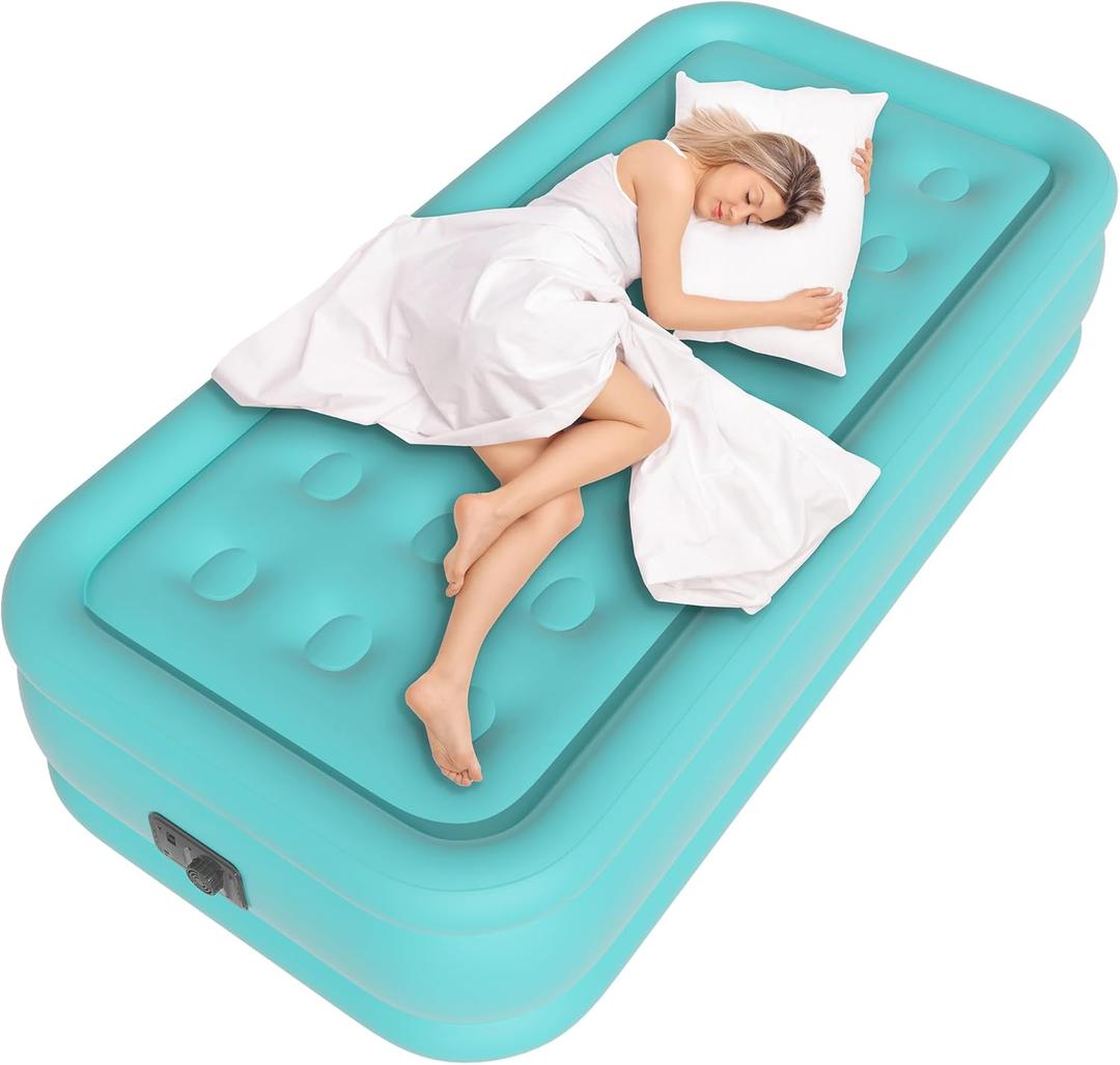 Twin Air Mattress with Built in Pump, Single Blow up Air Bed with Portable Storage Bag, Suitable for Home and Guests, Top Flocking, 18" QueenTurquoise Green