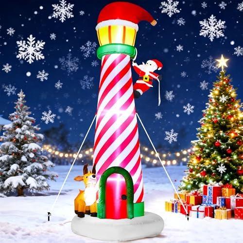 ZaaYee 10FT Christmas Inflatable Yard Decoration, Giant Blow Up Lighthouse with Santa and Reindeer with Built-in LED Lights & Drawstring Bags for Yard Lawn Garden Holiday Outdoor Decor