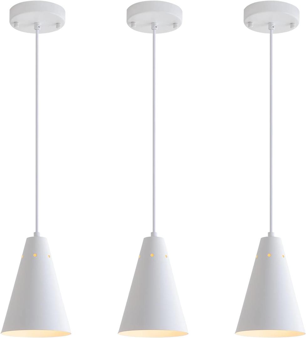 Dijiahua White Pendant Lights Kitchen Island,Dining Room Light Fixtures Over Table 3 Pack with Cone Metal Shade, Modern Farmhouse Mini Chandeliers,Adjustable Cord Hanging Lighting for Bar,Sink