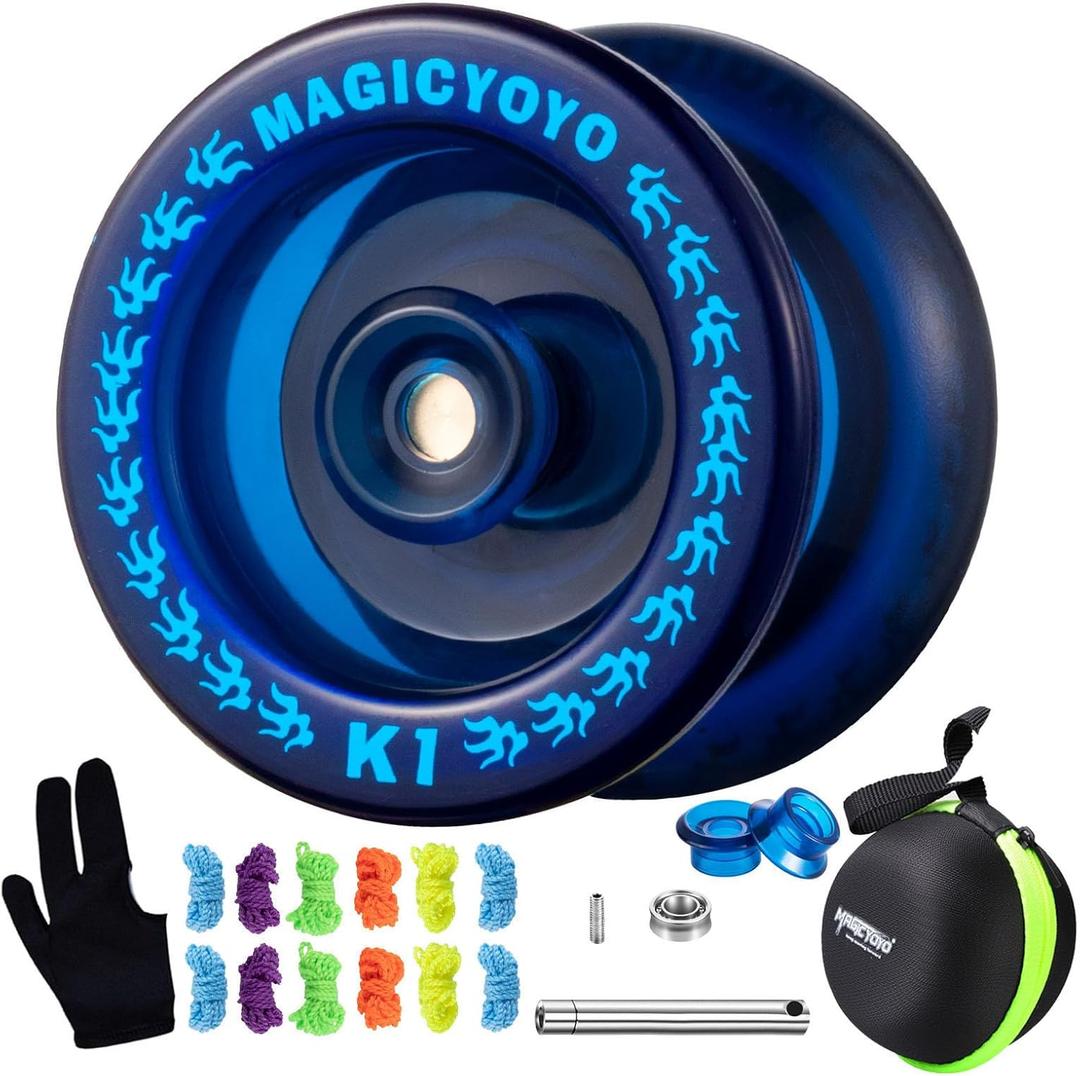 MAGICYOYO K1 Professional Responsive Yoyo for Kids 8-12, Hubstacks Yo-yo for Kids, Dual Purpose Yoyo with Unresponsive Bearing, Storage Bag + 12 Strings +Yo-Yo Glove +2 Yo yo Hubstacks (Dark Blue)