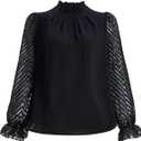 Women's Mesh Ruffle Long Sleeve Tops Fall Elegant Mock Neck Pleated Business Casual Blouses (Black, M)