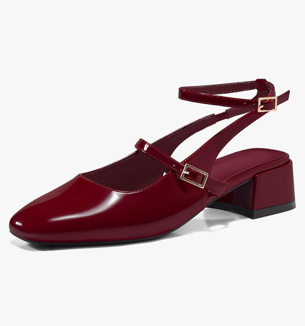 Coutgo Womens Mary Jane Chunky Low Heels Closed Square Toe Ankle Strap Pumps Wedding Party Dress Shoes 9