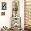 VECELO 6 Tier Corner Shelf 69 Inch Industrial Bookshelf with Metal Frame, Multipurpose Tall Plant Stand with Opening Display Shelves for Living Room, Bedroom, Home Office, Small Space, Gold