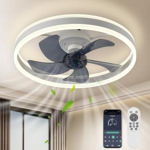 KINDLOV Low Profile Ceiling Fan with Light,6 Speeds and Dimmable,Flush Mount Ceiling Fans with Lights for Bedroom, Living Room,Kitchen,Modern Ceiling Fan,White (White02)