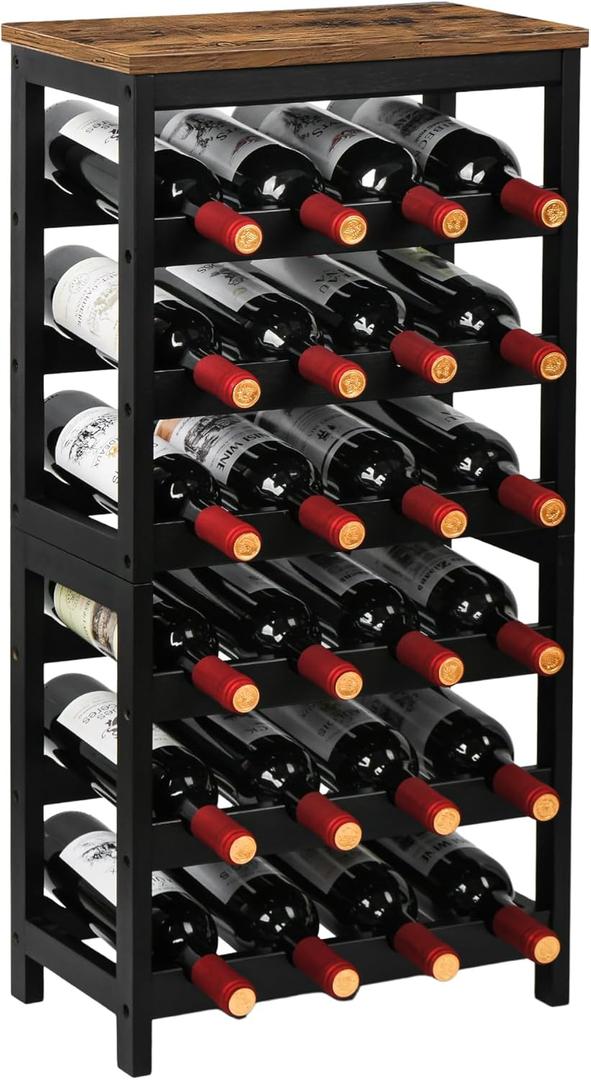 VASMIA Wine Rack Freestanding Floor, 6 Tier Bamboo Wine Storage Shelves with Table Top, 24-Botttle Wine Rack Shelf for Kitchen Bar Dining Room Living Room, Rustic Brown and Black