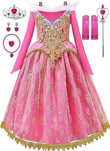Aoiviss Girls Princess Costume Dresses Pink Princess Dress Up Clothes with Accessories for Halloween Cosplay Carnival Party, Size 140