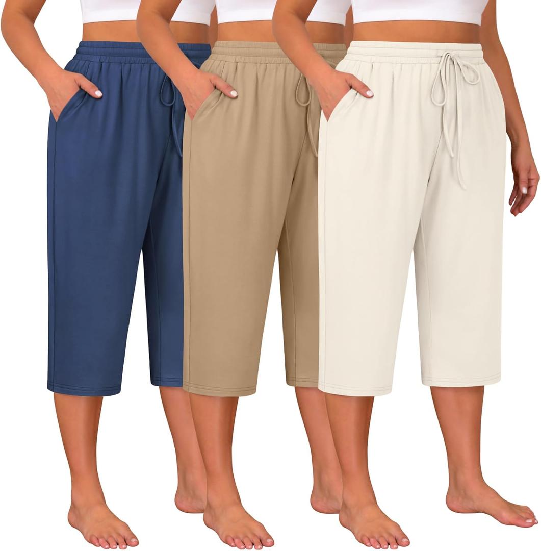 Huukeay 3 Pack Women's Plus Size Capris, Drawstring Cotton Yoga Capri Sweatpants Summer Casual Loose Cropped Pant with Pocket (XX-Large, Blue, Khaki, Cream)