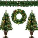 Pre-lit Holiday Christmas 4-Piece Set with LED Lights, Christmas Garland, Wreath and Set of 2 Entrance Trees, Christmas Decorations for Indoor Outdoor Home Porch Front Door (Green)
