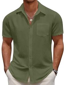COOFANDY Men's Casual Button Down Short Sleeve Shirt Textured Summer Beach Vacation Shirt Army Green, M
