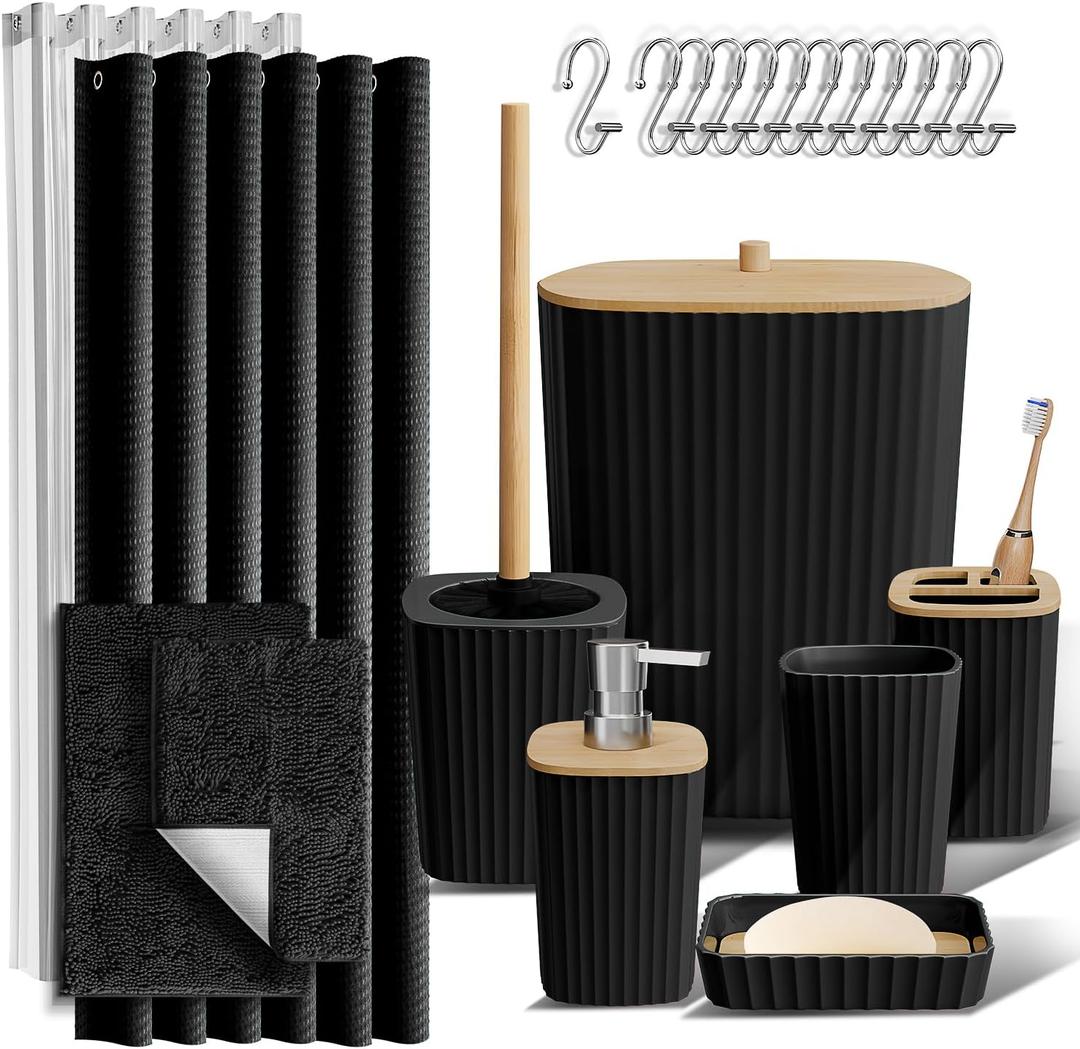 Clara Clark Bathroom Accessories Set - Bathroom Set, Bathroom Sets with Shower Curtain and Rugs, Shower Curtain Set with Bathroom Trash Can - Black - 22PC
