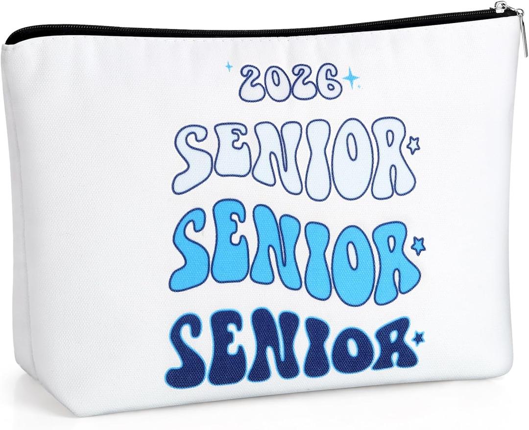 Huhumy Class of 2026 Senior Night Gifts Graduation Canvas Makeup Bags Zipper Organize Travel Cosmetic Pouch Double Sided Senior 2026 Gift for Her Women Team Coach Player(Blue)
