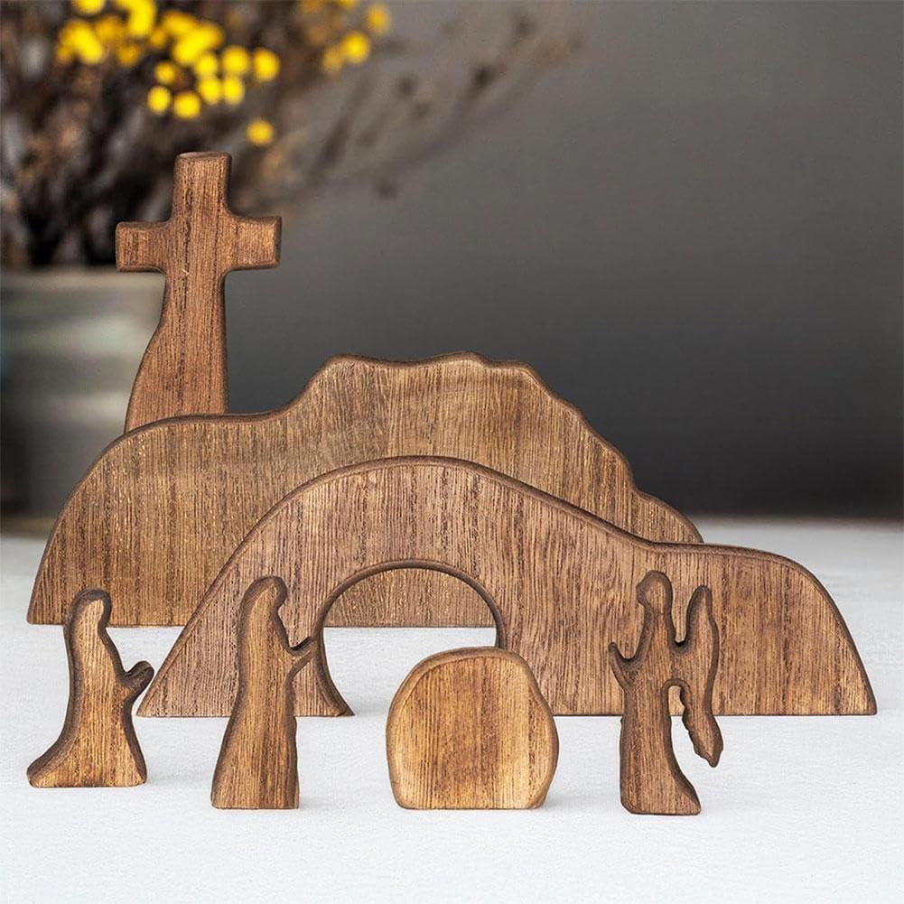 7pcs Empty Tomb Easter Scene and Cross Easter Decorations, Wooden Easter Resurrection Scene Cross Jesus Tomb Tray Set, Jesus Nativity Scene Decor for Religious Home Office Tabletop