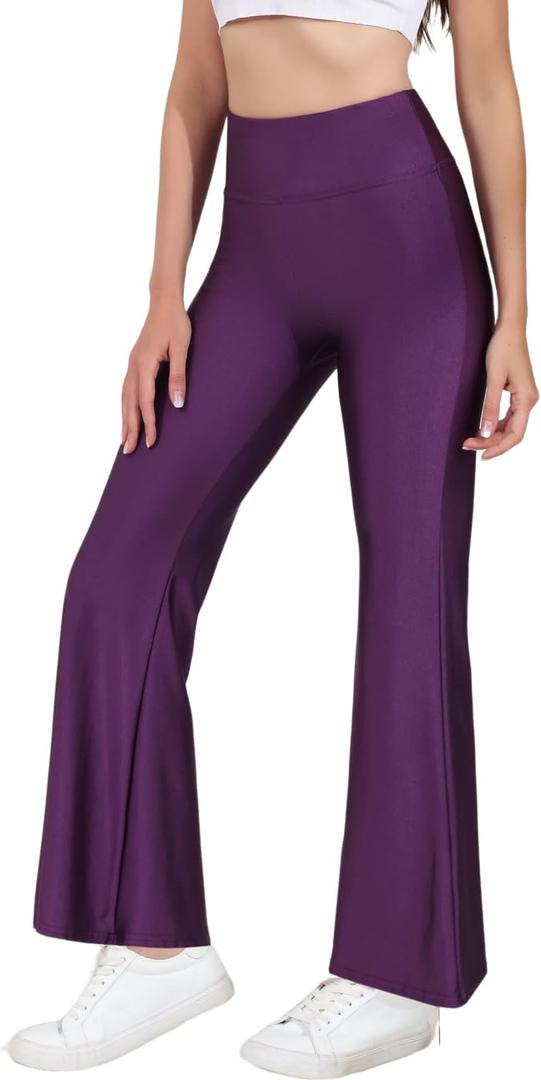 Tulucky Womens Stretchy Shiny Sports High Waisted Yoga Flare Pants Tummy Control Bell Bottom Leggings (Purple, XL)