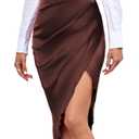 LYANER Women's Satin Skily Asymmetrical Split Slit Ruched Hight Waist Bodycon Midi Skirt (S, Dusty Brown)