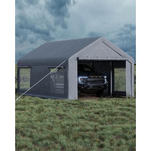 12x20 Ft Carport, Car Port with 200g PE Tarp, Roll-Up Doors, and 4 Windows, for Full-Size Pickups, Bass Boats, Tractors, and SUVs, Gray