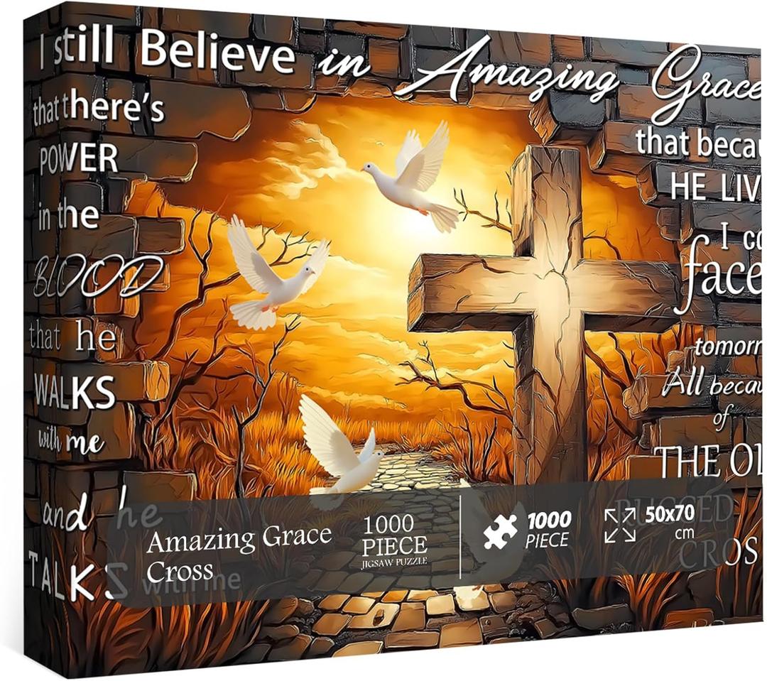 Jesus Cross Jigsaw Puzzles 1000 Pieces, PICKFORU Amazing Grace Cross Jigsaw Puzzle 1000 Pieces, Christian Bible Religious Puzzles for Adults, Bird Catholic Puzzle Christian Faith Inspirational