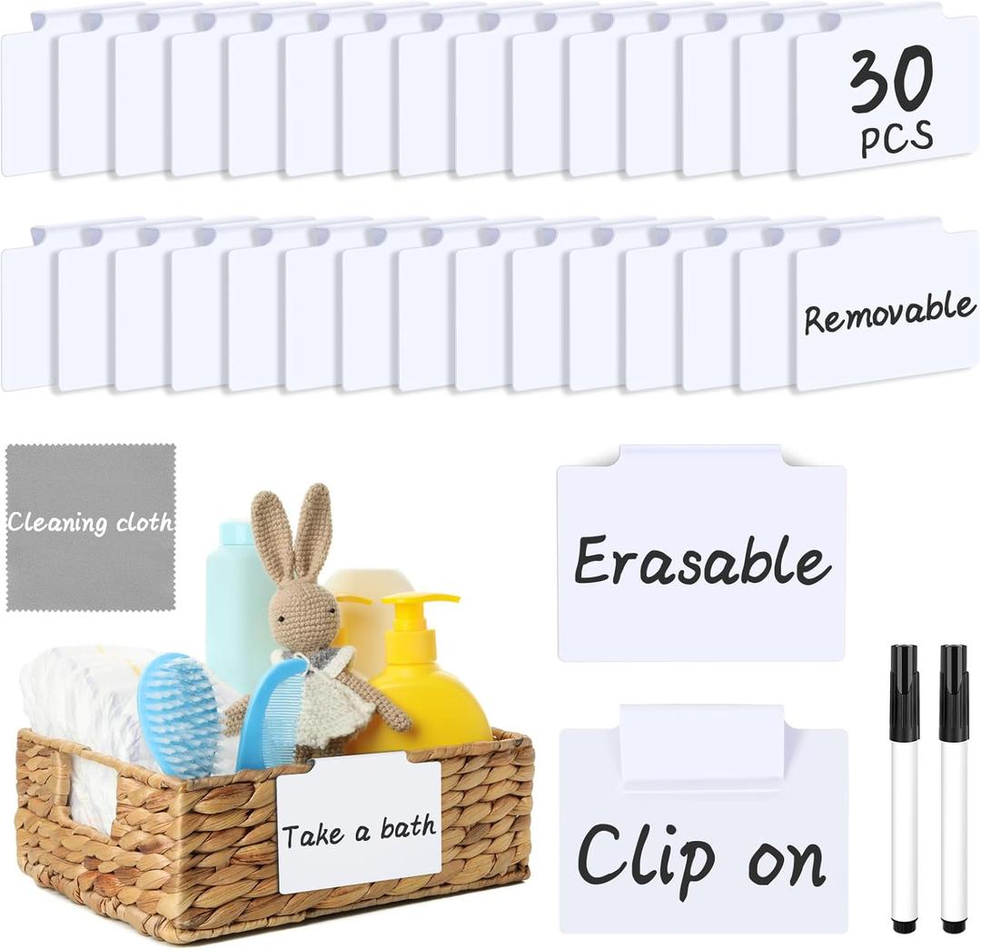 33PCS Basket Labels Clip On, 30 Labels for Storage Bins Removable with 2 Chalk Markers & 1 Wipe, Kitchen Pantry Labels, Plastic Storage Bin Label, Label Holder, Basket Tags, Bin Clips (White)