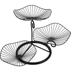 OwnMy 3-Tier Fruit Basket Stand Decorative Iron Fruit Bowl, Metal Wire Fruit Holder Storage Trays Table Countertop Holder for Vegetables Bread Snack, Modern Lotus Fruit Bowls for Kitchen Counter Table (Black)
