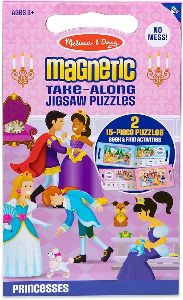 Melissa & Doug Take-Along Magnetic Jigsaw Puzzle Set – Princesses (2 x 15 Piece) Travel Activity Toy for Preschoolers and Kids Ages 3+