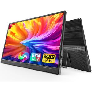 WGK 15.6 inch Portable Monitor 1080P FHD Travel Display HDMI/USB-C Compatible with Laptops, Desktops, Phones, PS, Mac, Xbox, Switch, and Other Gaming Devices Includes Stand and Speakers VESA