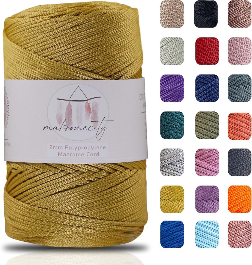 Makromecity, Polyester Macrame Cord 2mm x 250 Yards (750 feet) 2mm Polypropylene Macrame Cord for Macrame Art & Crafts for Wall Hangings, Bags, Underplate, Rug (1 Skein, Mustard)