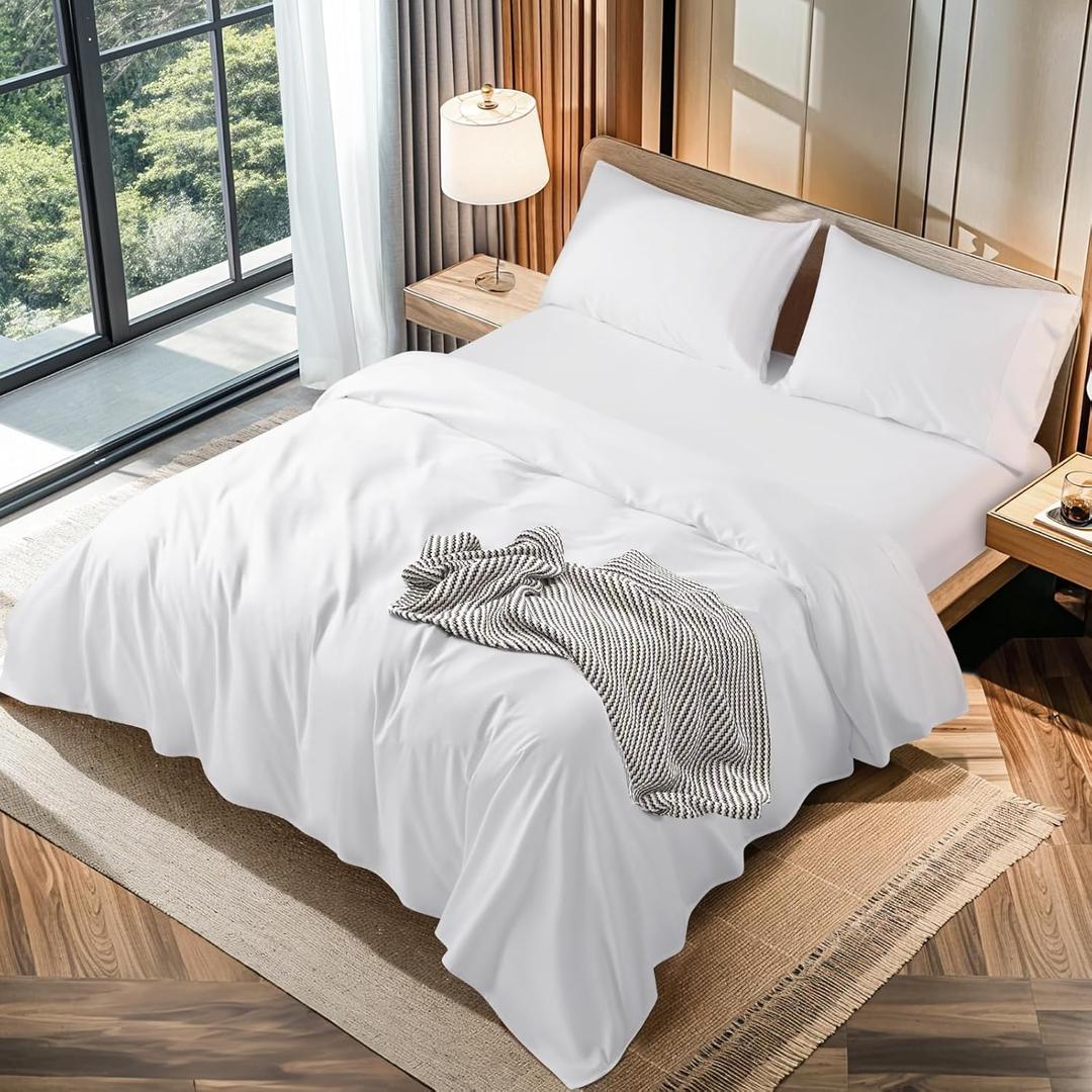 LBRO2M 100% Cotton 1200 Thread Count Queen Size Sheets Set,16 inches Deep Pocket,Bed Sheet 4 Piece Sets (White, Queen)