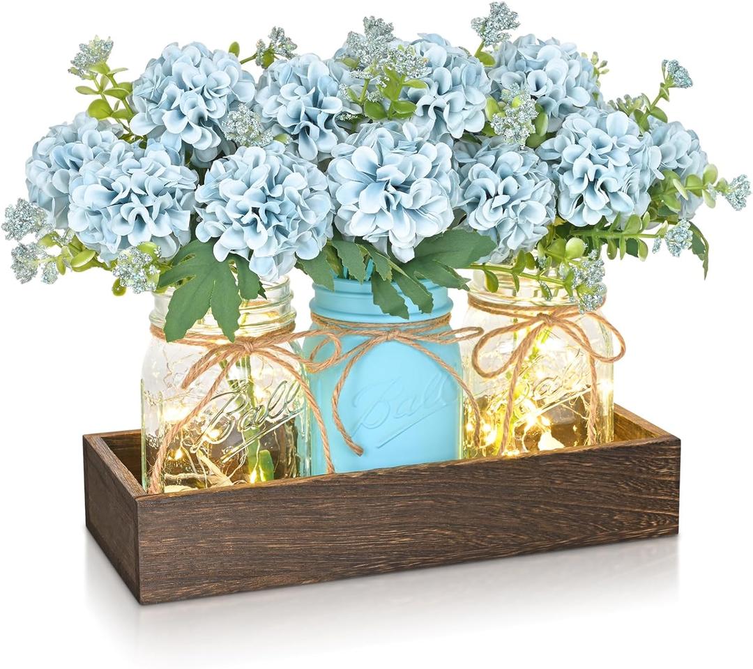 BLEUM CADE Centerpiece Table Decorations - 3Pcs Hydrangea Artificial Flowers in Mason Jars with Wood Tray for Dining Table Coffee Table Farmhouse Home Decor (Blue-hydrangea)