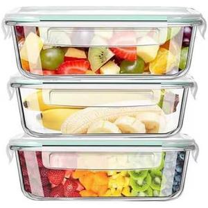 Airtight Glass Food Storage Containers with Lids (3-pack 106oz), Glass Lunch Box, Leak-proof, BPA-Free, Microwave, Oven, Freezer, Dishwasher - FREE 6 Plastic Containers with Purchase