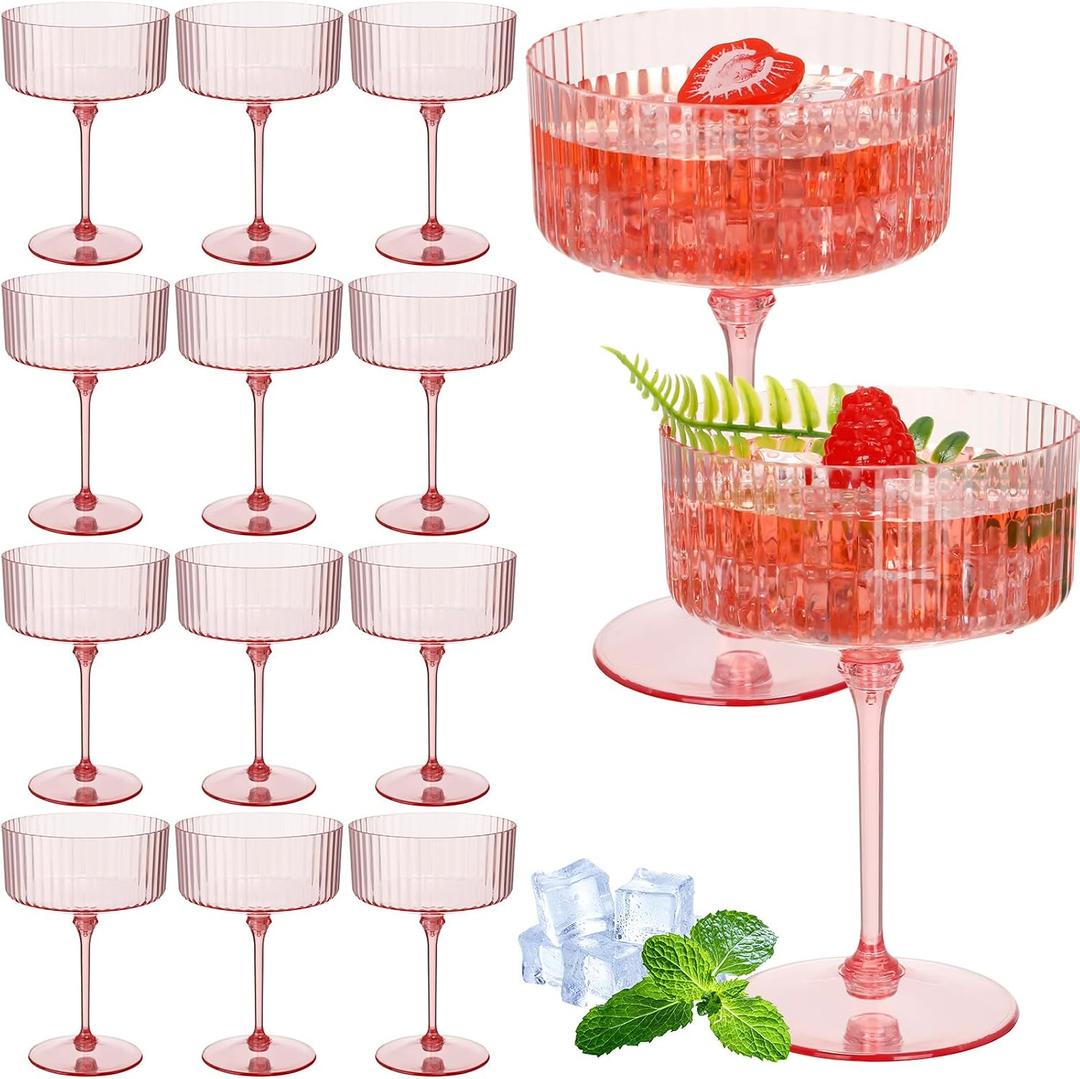 Jingmore 12 Pcs Ribbed Martini Glasses 10 oz Disposable Plastic Vintage Ribbed Coupe Glasses Unbreakable Dessert Parfait Glassware for Wedding Birthday Party Supplies (Pink)