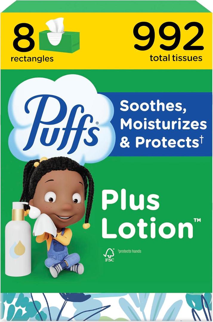 Puffs Plus Lotion Facial Tissues, 8 Family Boxes, 124 Facial Tissues per Box, Allergies and Colds