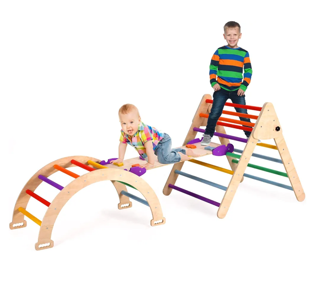 Agiyimi 4 in 1 Pikler Triangle Climber, Foldable Wooden Triangle Ladder Montessori Climbing Toys with Ramp Arch Climber Rocker Indoor Outdoor Gym Playground Climbing Toys for Toddlers(Multicolor)