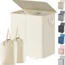Lifewit Double Laundry Hamper with Lid and Removable Laundry Bags, Large Collapsible 2 Dividers Dirty Clothes Basket with Handles for Bedroom, Laundry Room, Closet, Bathroom, College, 136L Ivory White