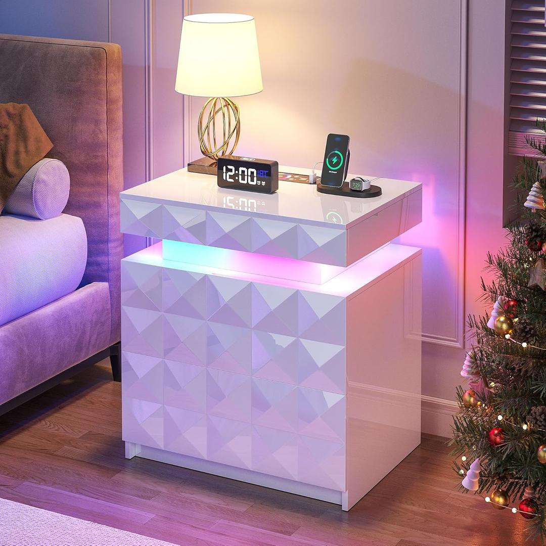 Dystler LED Nightstand with Charging Station,3 Drawers Night Stand with Lockable Hidden Storage,Smart Bedside Table with Human Sensor RGB Lights for Bedroom,White
