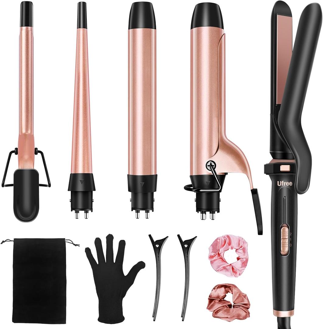 Ufree 5 In 1 Curling Iron With Interchangeable Ceramic Barrels (0.35"-1.25"), Curling Wand Set with Flat Iron Hair Straightener, Instant Heat Up, Dual Voltage Hair Curler, Gifts for Women (Rose Gold)