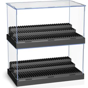KKU Display Case for Minifigure Action Figures Blocks, Acrylic Minifigure Display Case Box Storage with 3 Movable Steps Gift for Kids Adults Black, 2 Pack
