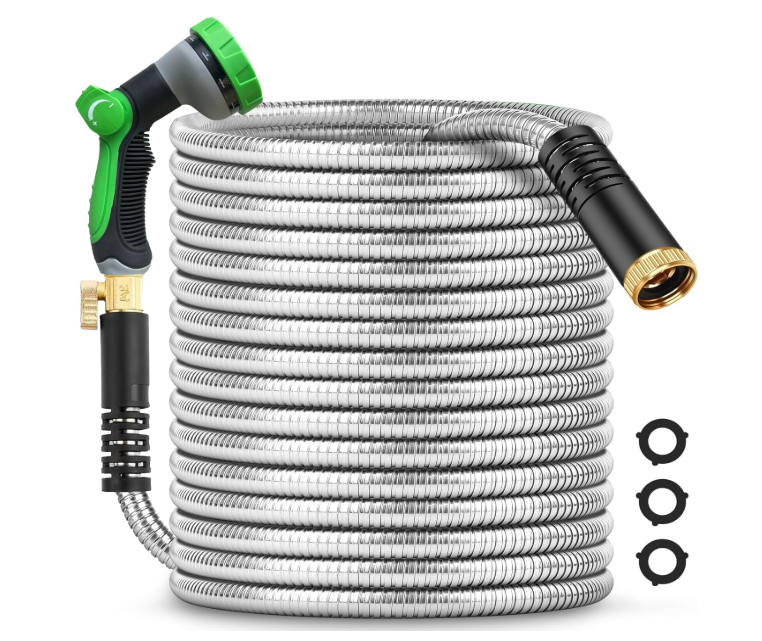50Ft Metal Garden Hose durable stainless steel Water Hose, flexible, lightweight hose is resistant to kinks and tangles.With 10-way nozzle, strong 3/4” metal fittings, and a Stop Valve