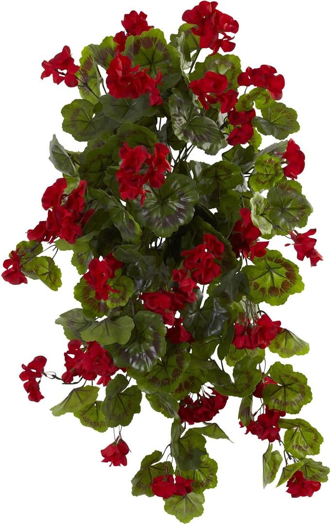 Nearly Natural 29in. UV Resistant Geranium Artificial Hanging Plant, Red Flowers with Green Foliage, Indoor/Outdoor Decor, Set of 2 - Lifelike Home and Garden Enhancement