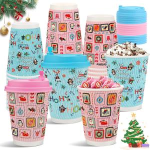 50 Pcs Christmas Disposable Coffee Hot Drink Cups, 12 Oz Xmas Winter Insulated Corrugated Ripple Wall Pink Blue Paper Cups with Pink Blue Lids for Christmas Party Home Office Decoration Supplies