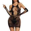 Esholife Women Fishnet Bodystocking Attached Stockings Sexy Lingerie Crotchless Bodysuit One Piece Babydoll One Size (S)