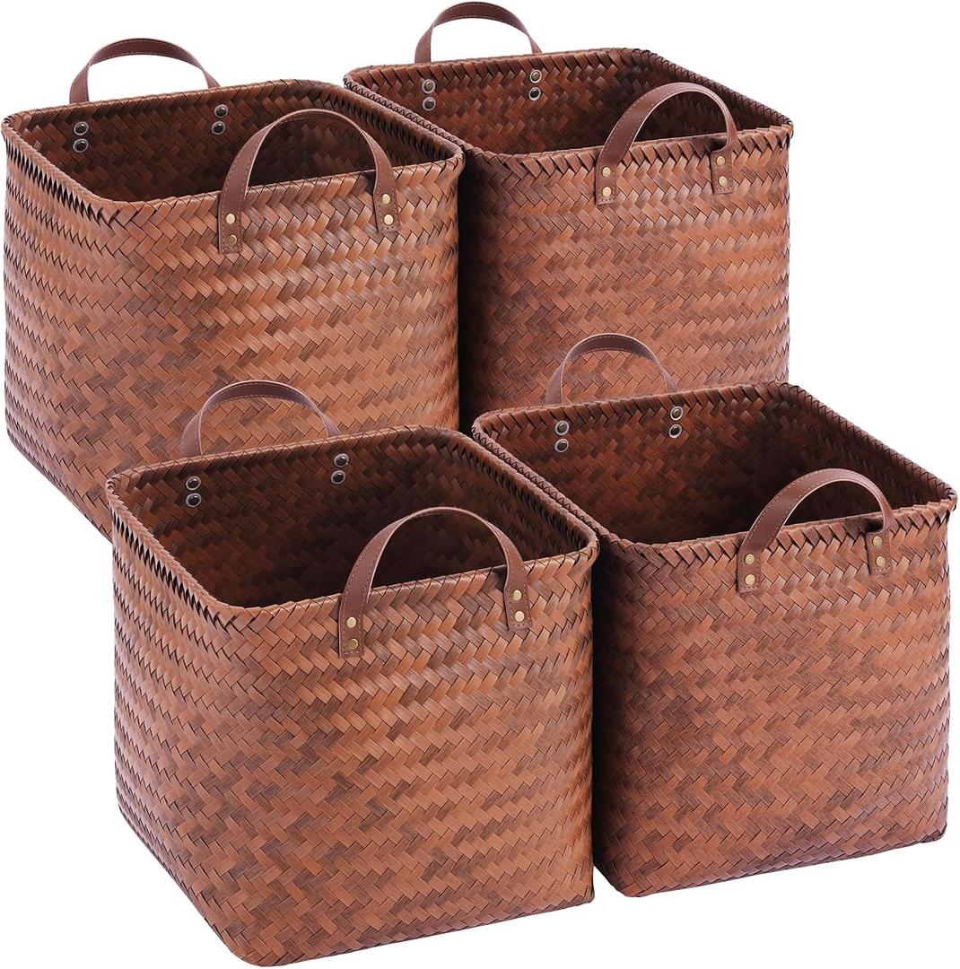 13x13x13 Laundry Baskets Hampers, Wicker Storage Baskets for Shelves, Woven Basket for Blankets, Clothes, Organizer Storage Bins with Handles, Set of 4-Brown
