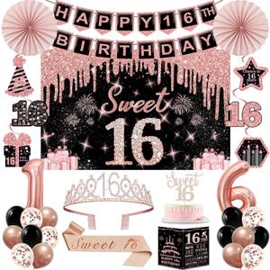 Sweet 16 Birthday Decorations for Girls,32PCS 16th Birthday Party Decorations Kit,Including Backdrop, Crown, Sash, banner, Hanging Swirl,Cake Topper,balloons,Paper Fans,Anniversary Card and paper fans