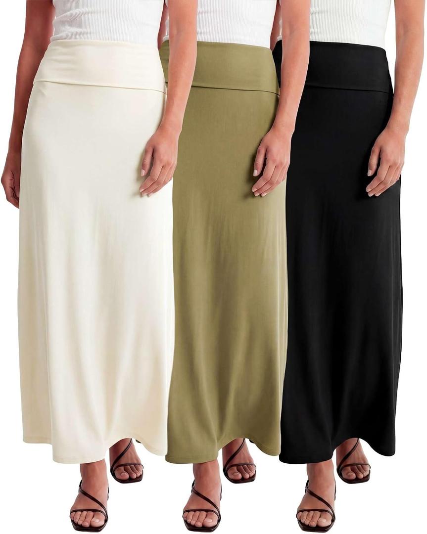 3 Pack Women's Maxi Skirts Long Flowy High Waisted Summer Work Casual Party (XXL)